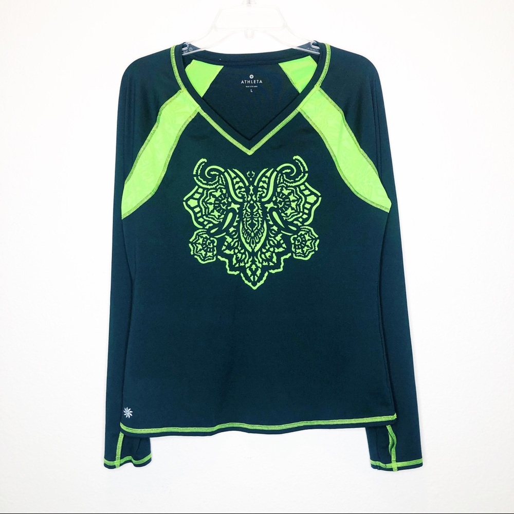 Athleta Navy and Neon Green Long Sleeve Tee